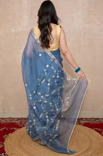 grey floral gota patti work kota silk saree with unstitched blouse