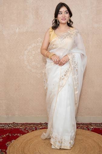 white floral gota patti work kota silk saree with unstitched blouse