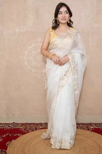 white floral gota patti work kota silk saree with unstitched blouse