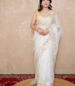 white floral gota patti work kota silk saree with unstitched blouse
