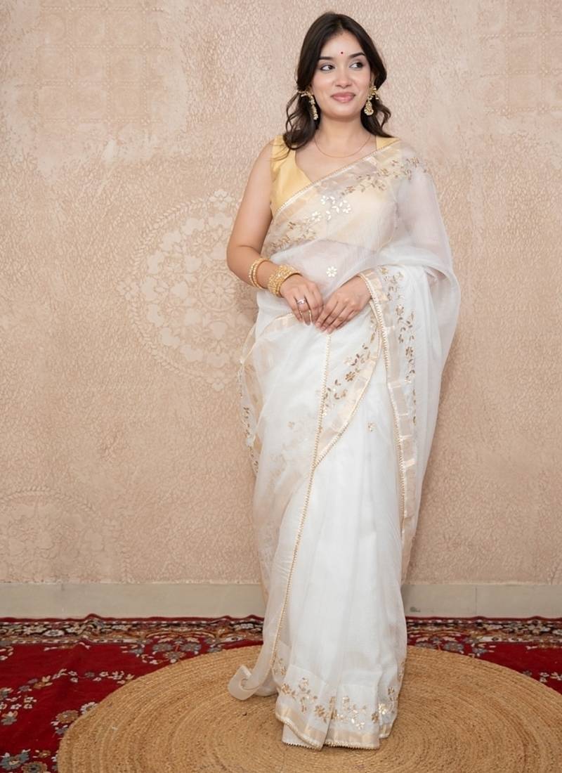 white floral gota patti work kota silk saree with unstitched blouse