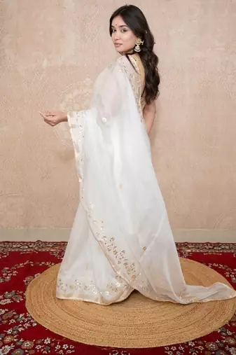 white floral gota patti work kota silk saree with unstitched blouse