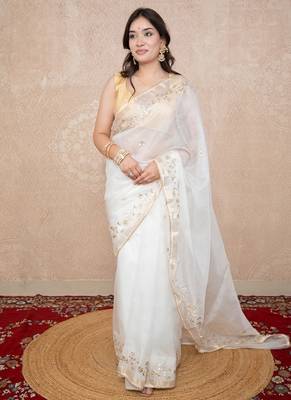 white floral gota patti work kota silk saree with unstitched blouse 4