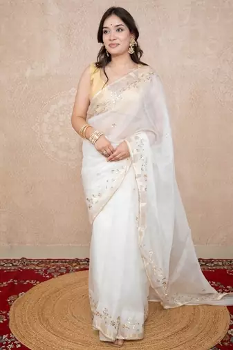white floral gota patti work kota silk saree with unstitched blouse