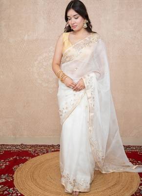 white floral gota patti work kota silk saree with unstitched blouse 5