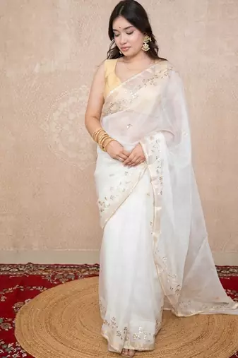 white floral gota patti work kota silk saree with unstitched blouse