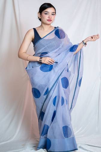 blue kota doria saree with unstitched
