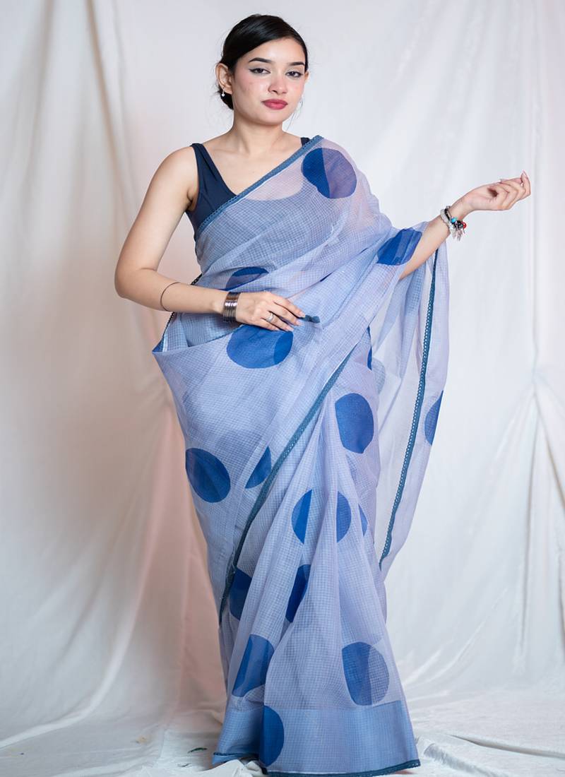 blue kota doria saree with unstitched