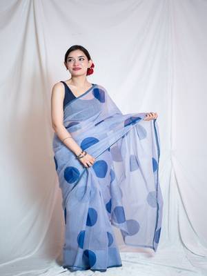 blue kota doria saree with unstitched 3