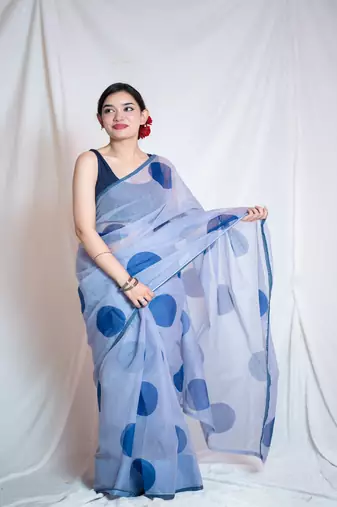 blue kota doria saree with unstitched