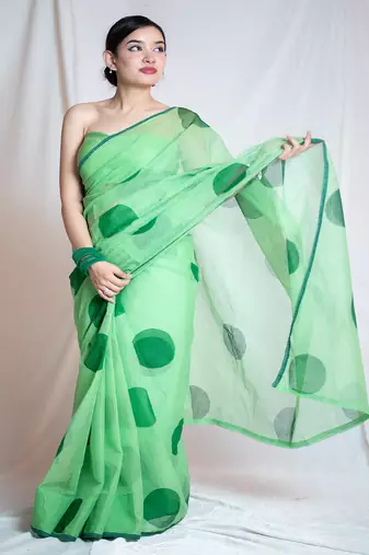 green kota doria saree with unstitched