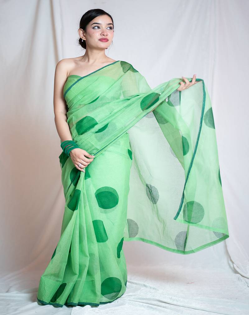 green kota doria saree with unstitched