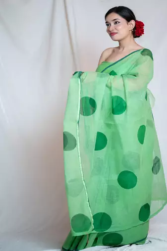 green kota doria saree with unstitched