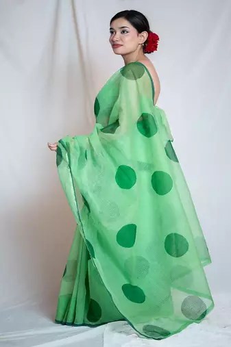 green kota doria saree with unstitched