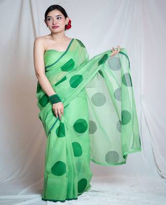 green kota doria saree with unstitched 4