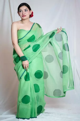 green kota doria saree with unstitched