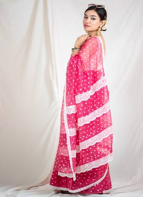 printed pink kota doria saree 1