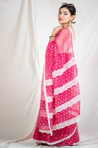 printed pink kota doria saree