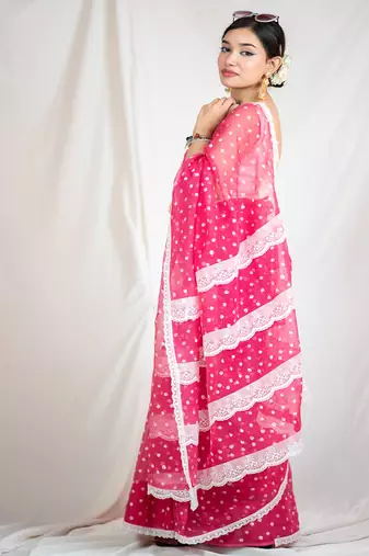 printed pink kota doria saree