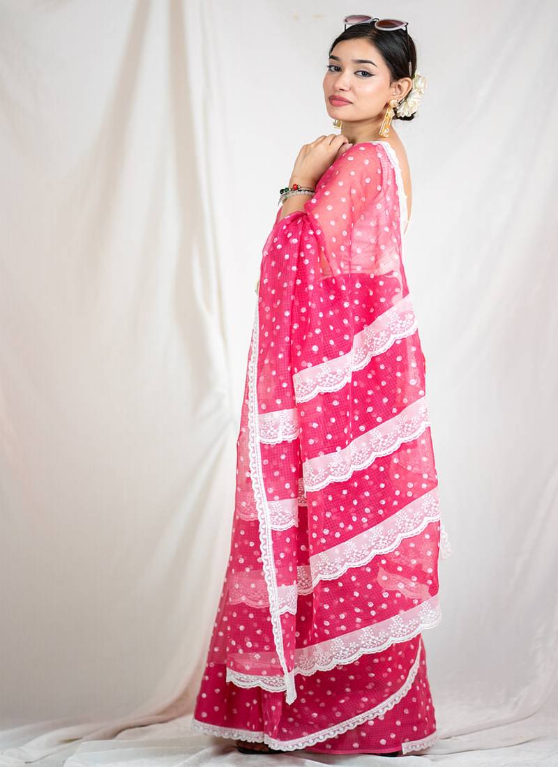 printed pink kota doria saree