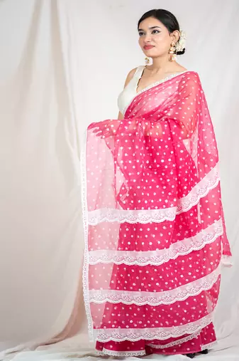 printed pink kota doria saree