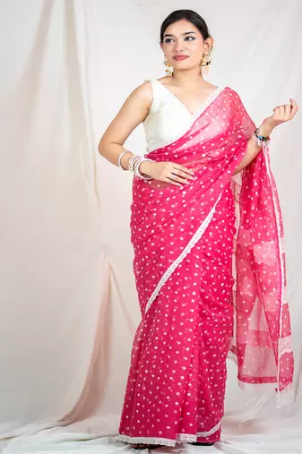 printed pink kota doria saree
