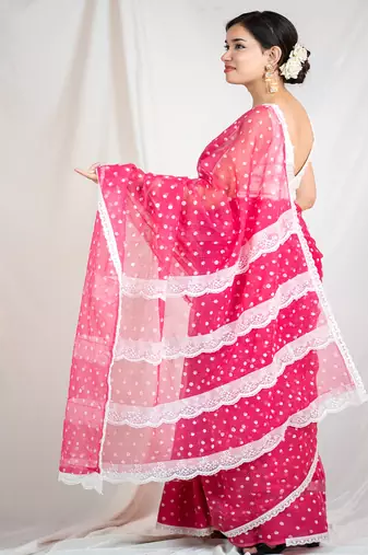 printed pink kota doria saree