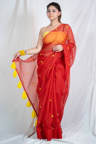 ruby radiance red embroidered kota doria saree