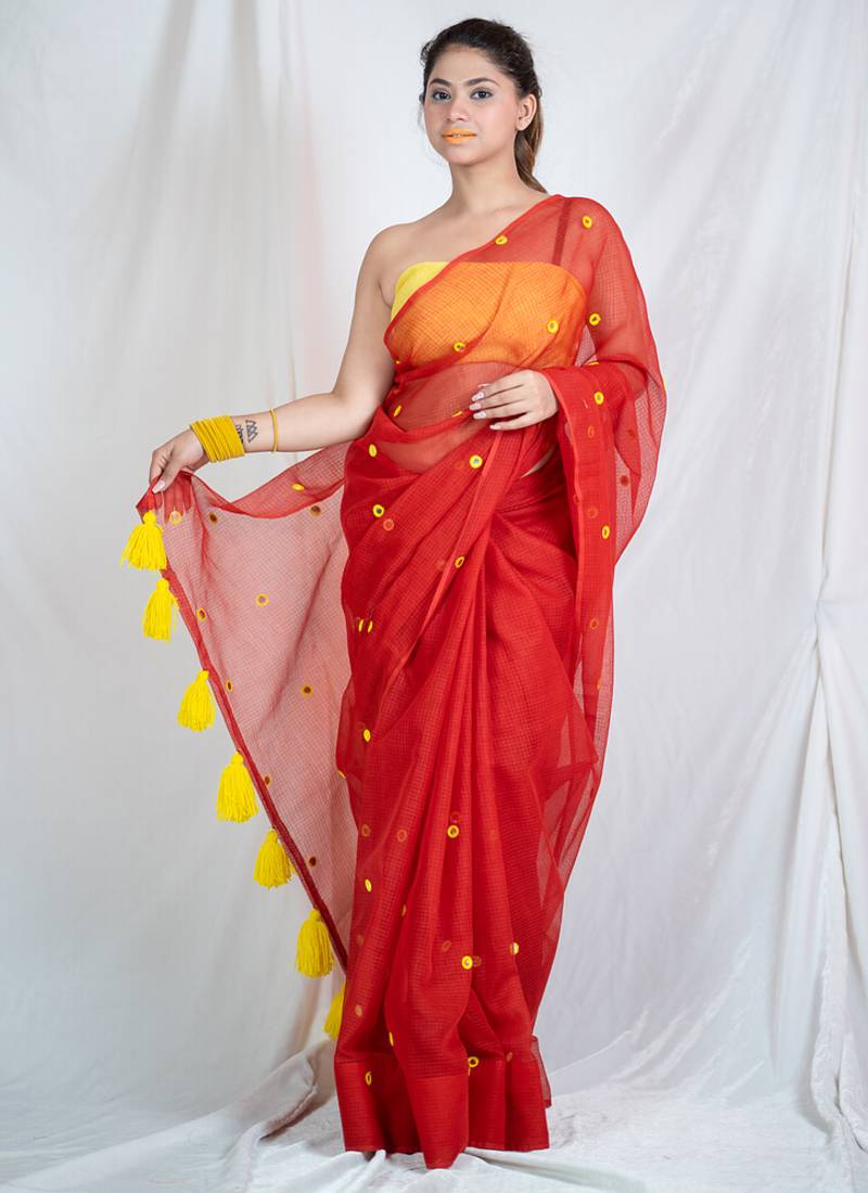 ruby radiance red embroidered kota doria saree