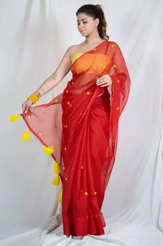 ruby radiance red embroidered kota doria saree
