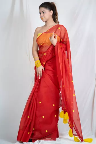 ruby radiance red embroidered kota doria saree