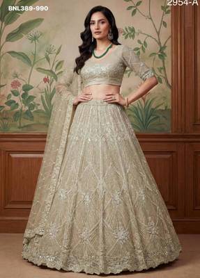 Beige Net Embroidered Lehengas 1