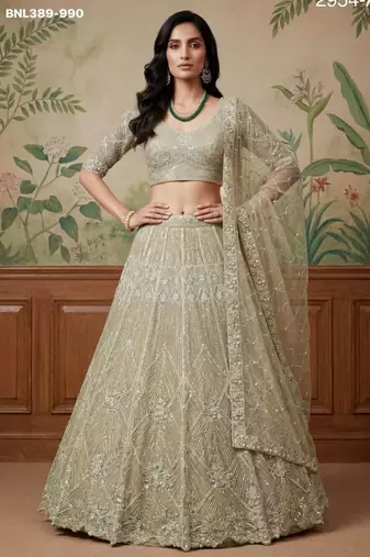 Beige Net Embroidered Lehengas
