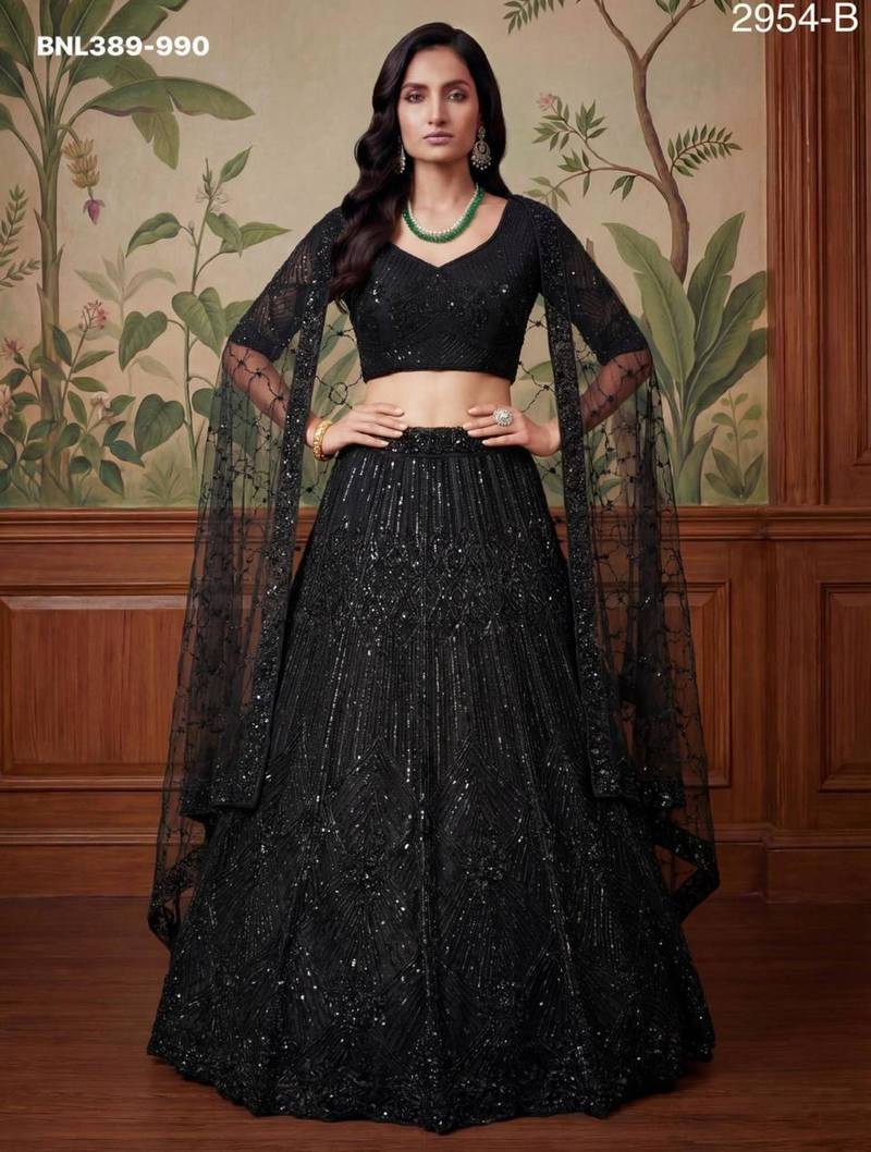 Black Net Embroidered Lehengas