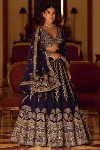 Navy Blue Art Silk Embroidered Lehengas