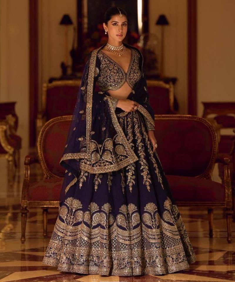 Navy Blue Art Silk Embroidered Lehengas