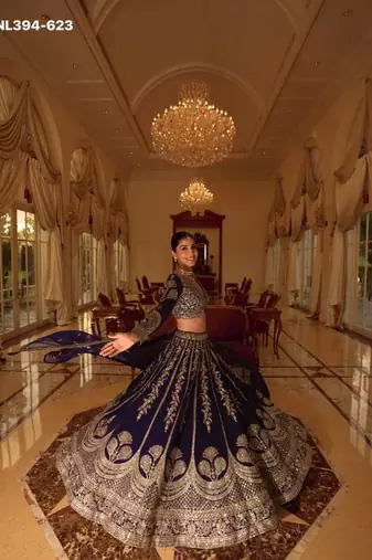 Navy Blue Art Silk Embroidered Lehengas