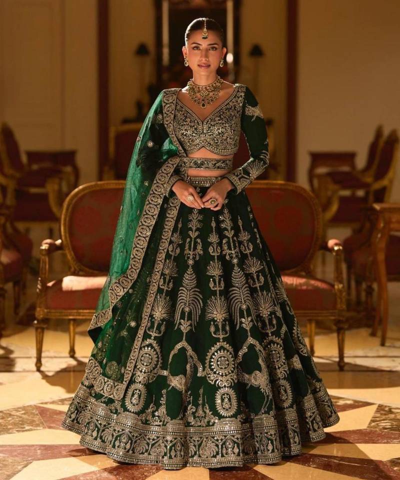 Green Art Silk Embroidered Lehengas