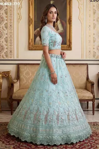 Light Sea Green Net Hand Woven Lehengas
