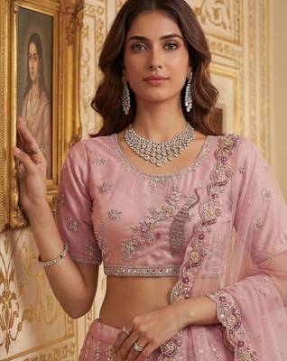 Light Baby Pink Net Hand Woven Lehengas 2