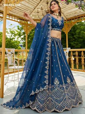 Navy Blue Satin Hand Woven Lehengas 2
