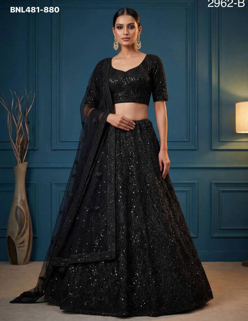 Black Net Embroidered Lehengas