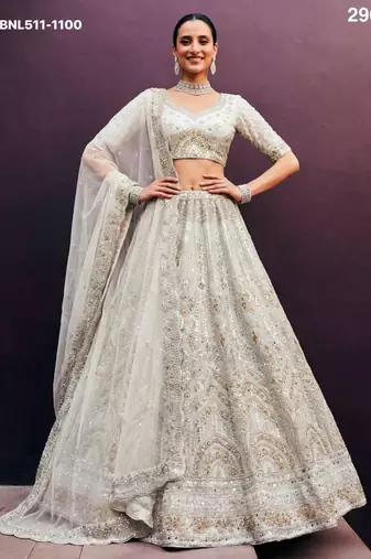 Off White Net Embroidered Lehenga Set