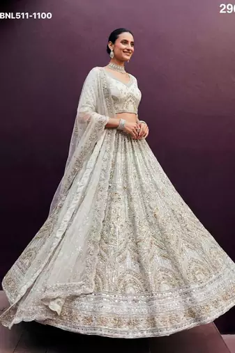 Off White Net Embroidered Lehenga Set
