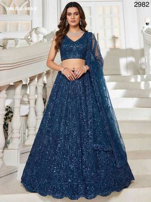 Teal Blue Net Embroidered Lehenga Set 1