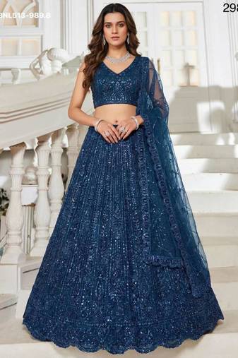 Teal Blue Net Embroidered Lehenga Set