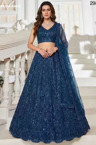 Teal Blue Net Embroidered Lehenga Set