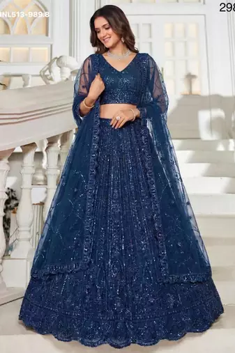 Teal Blue Net Embroidered Lehenga Set