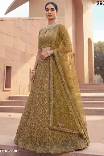 Mustard Net Embroidered Lehenga Set