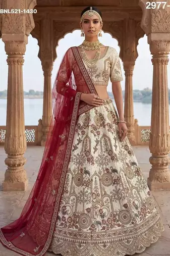 Off White Silk Blend Embroidered Lehenga Set